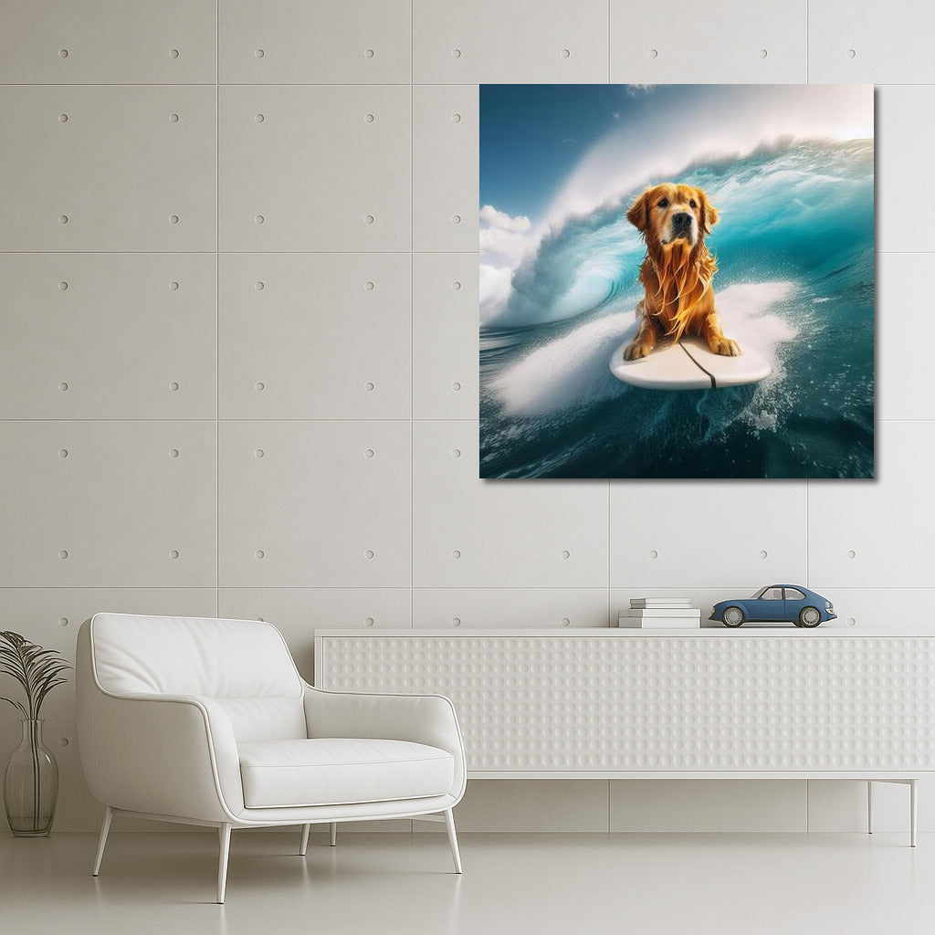 Golden Retriever on the Crest of a Wave: Surfing Adventure