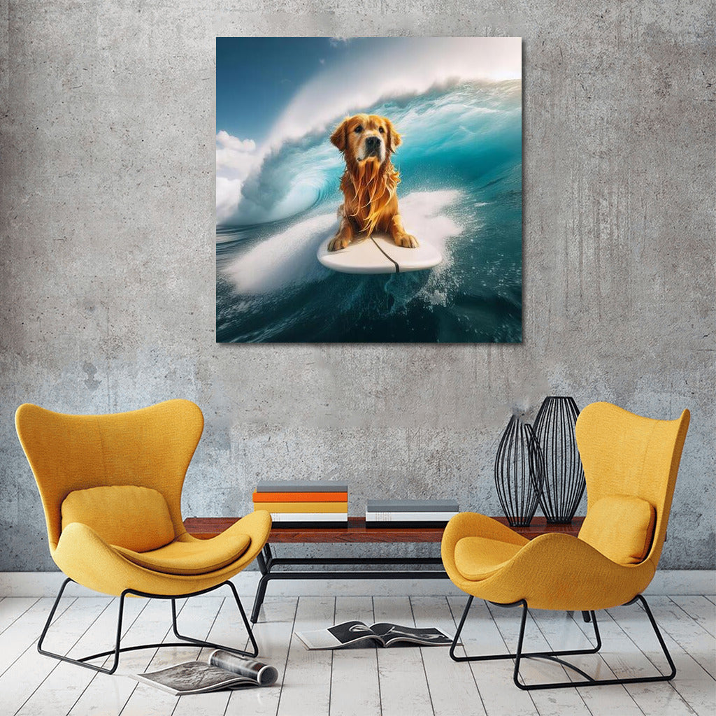 Golden Retriever on the Crest of a Wave: Surfing Adventure
