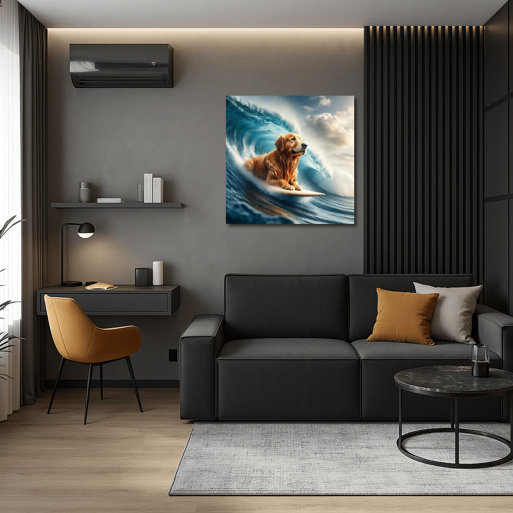 Golden Retriever Riding the Crest of a Giant Wave