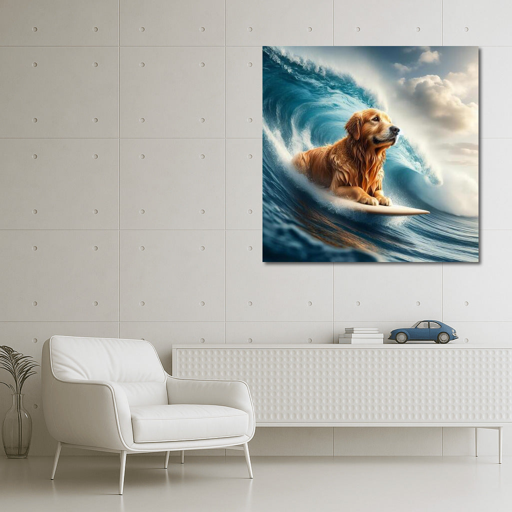 Golden Retriever Riding the Crest of a Giant Wave
