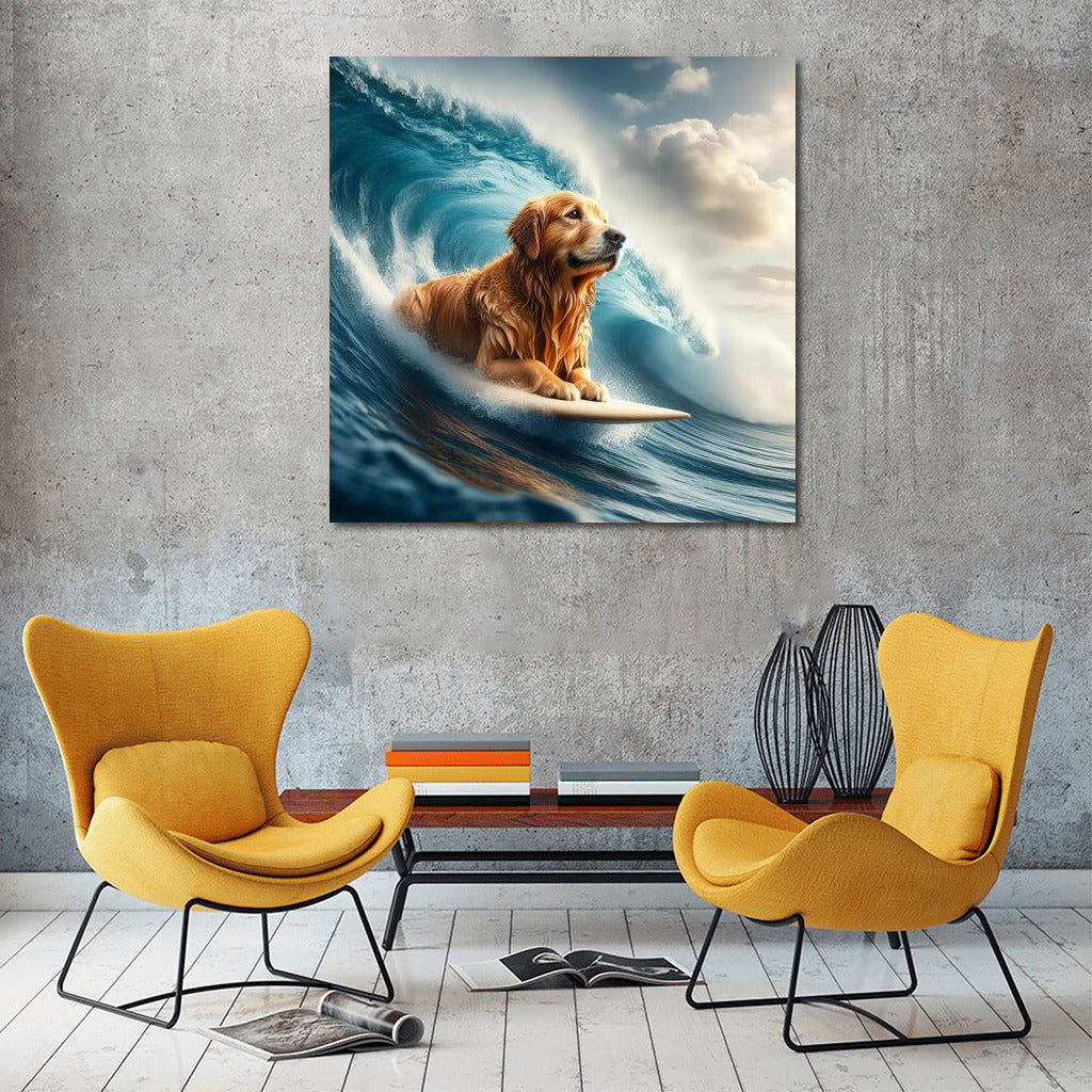 Golden Retriever Riding the Crest of a Giant Wave