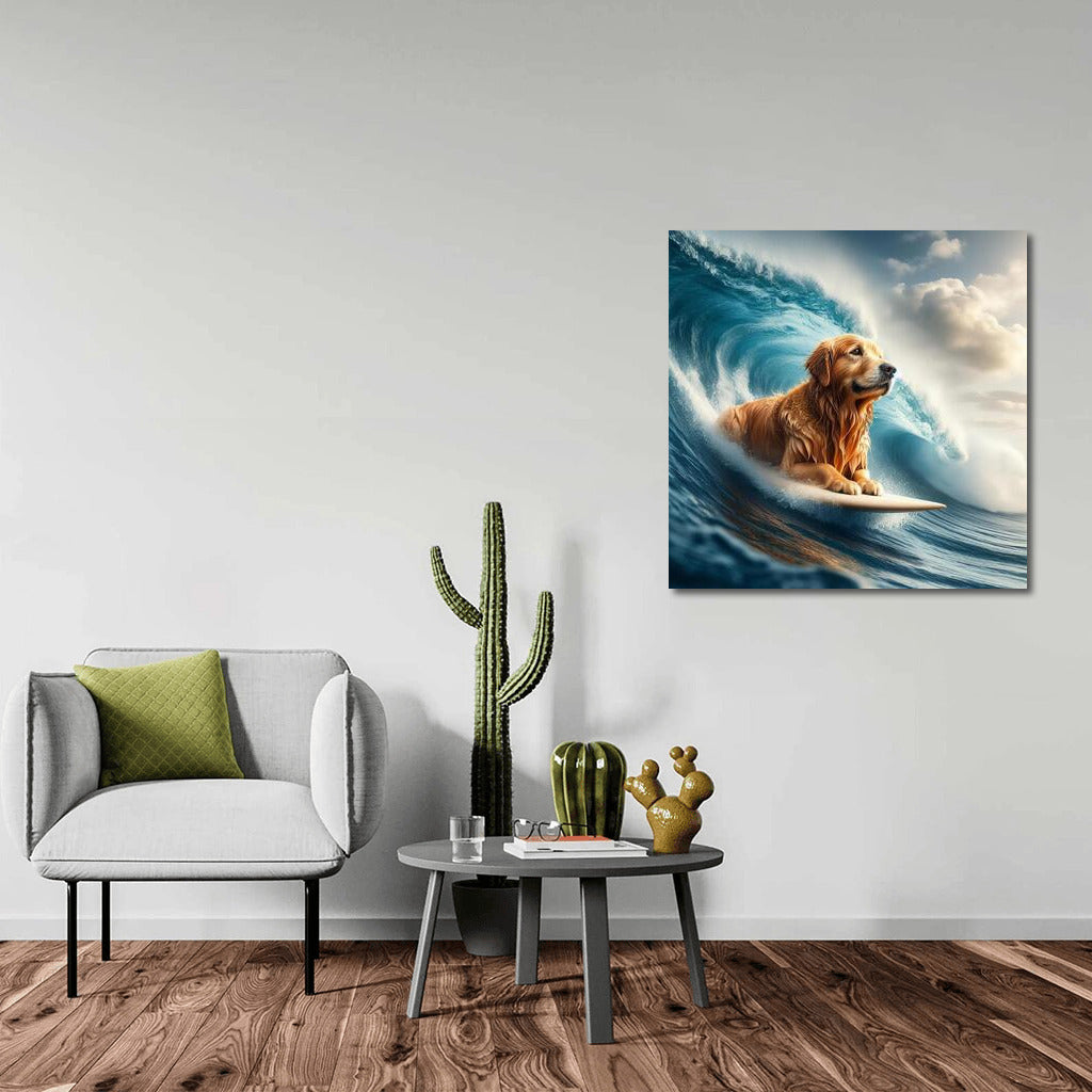 Golden Retriever Riding the Crest of a Giant Wave