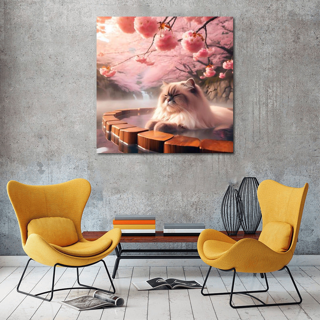 Himalayan Cat in Japanese Onsen among Cherry Blossoms