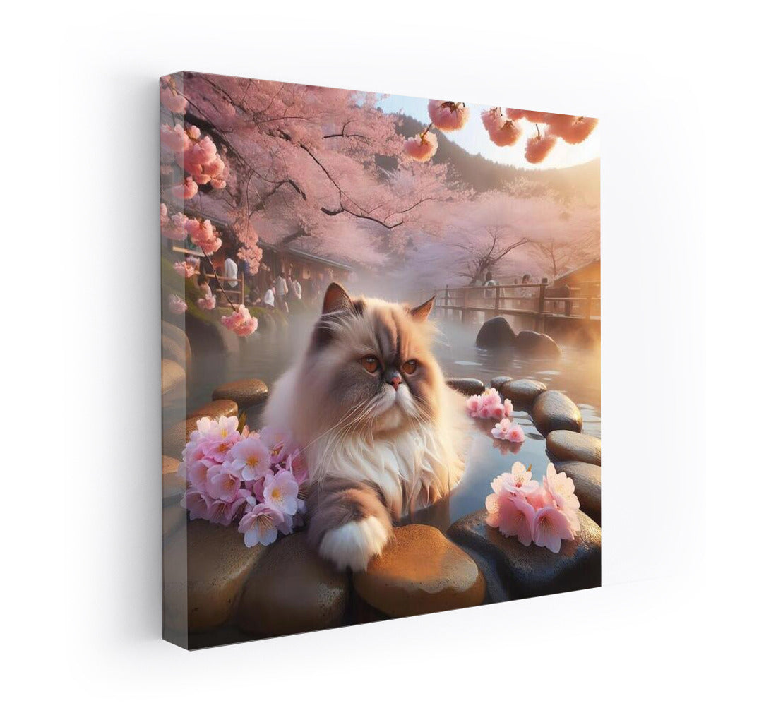 Himalayan cat in Japanese hot springs among cherry blossoms