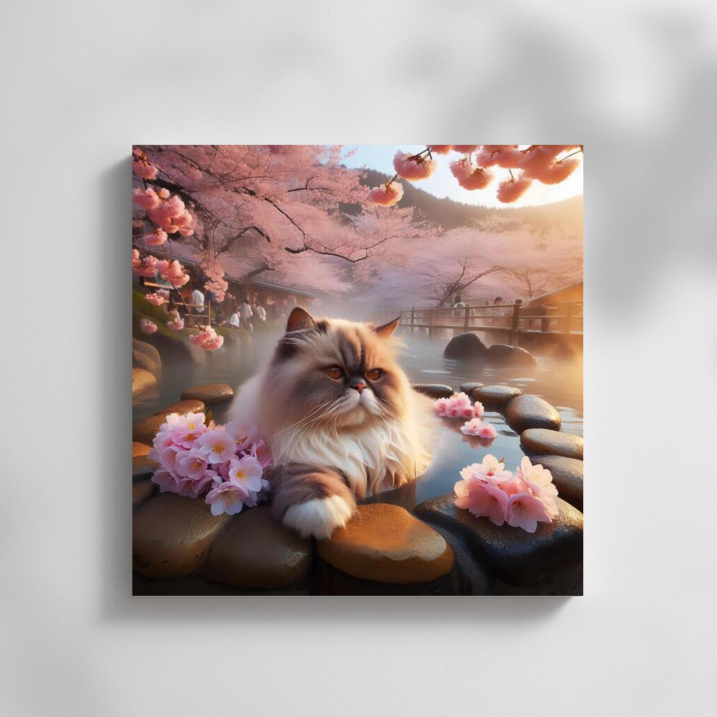 Himalayan cat in Japanese hot springs among cherry blossoms
