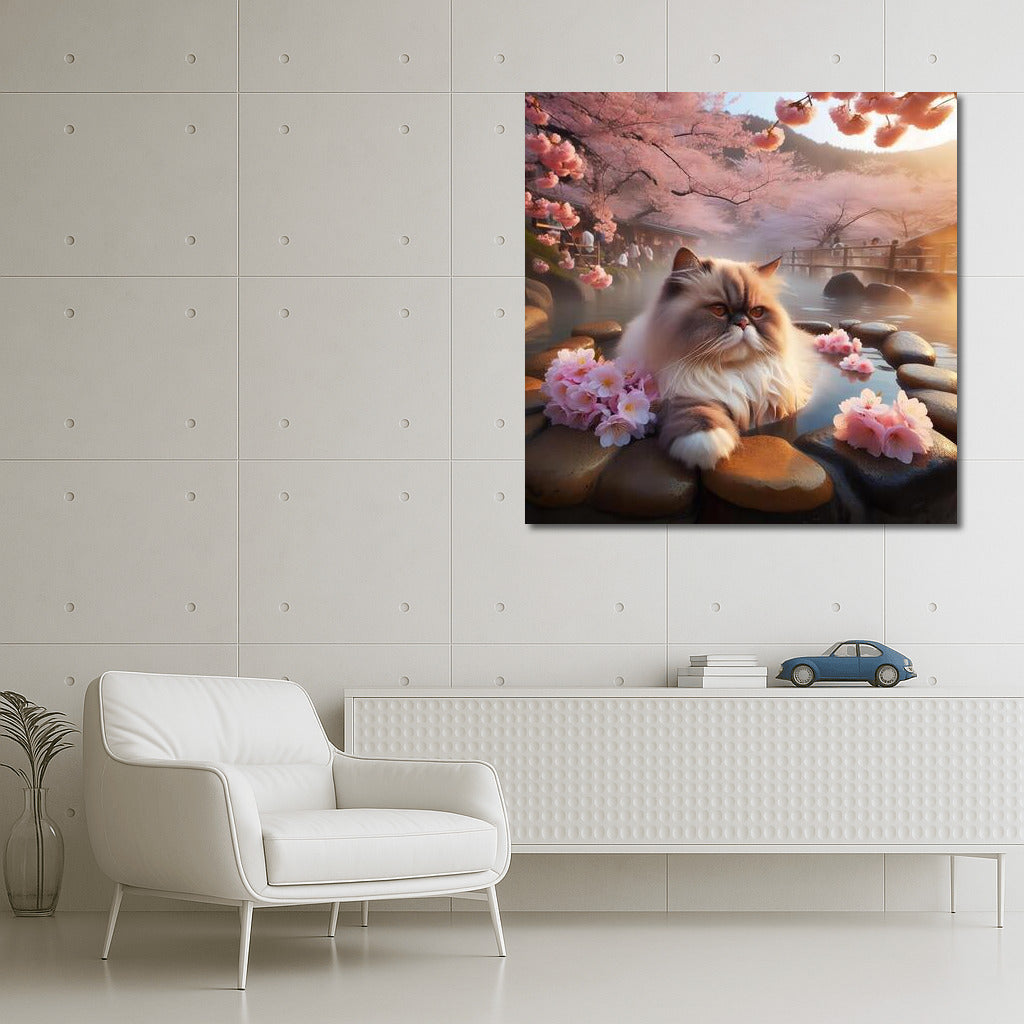 Himalayan cat in Japanese hot springs among cherry blossoms
