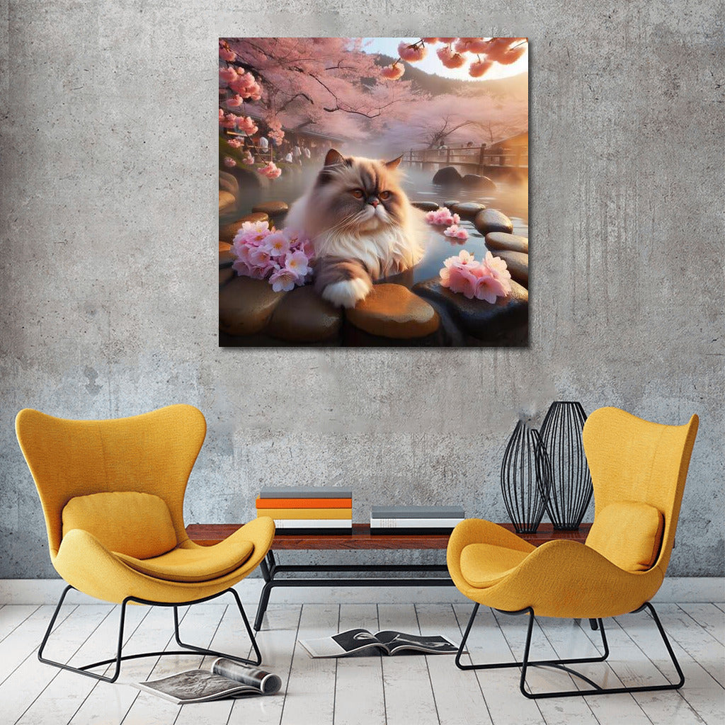 Himalayan cat in Japanese hot springs among cherry blossoms