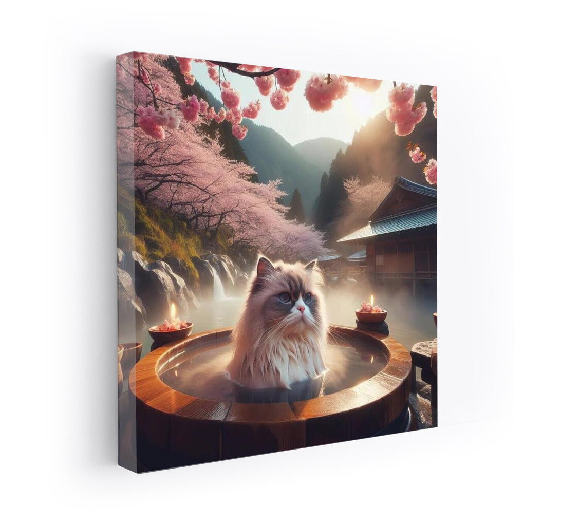 Himalayan Cat in Japanese Paradise: Relaxing in a Hot Spring Under Cherry Blossoms