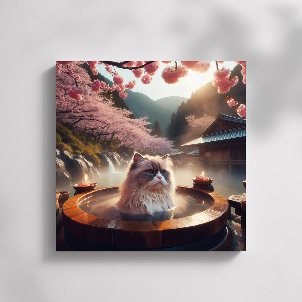 Himalayan Cat in Japanese Paradise: Relaxing in a Hot Spring Under Cherry Blossoms