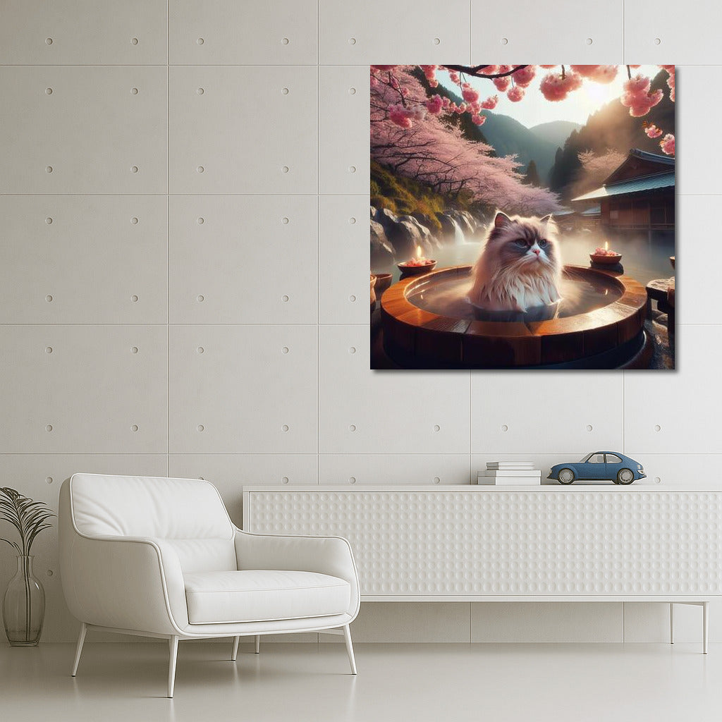 Himalayan Cat in Japanese Paradise: Relaxing in a Hot Spring Under Cherry Blossoms