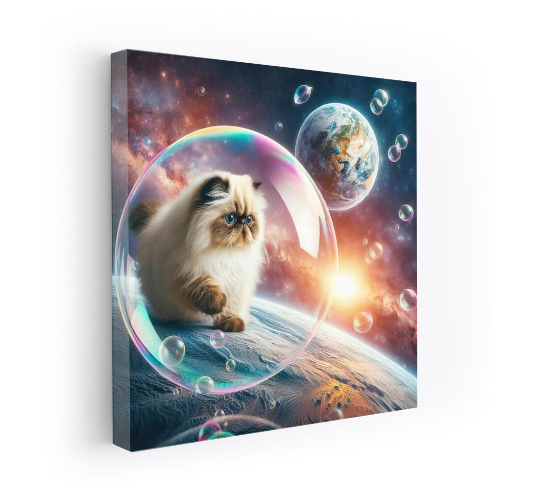 A Himalayan cat's space journey in a soap bubble among the stars
