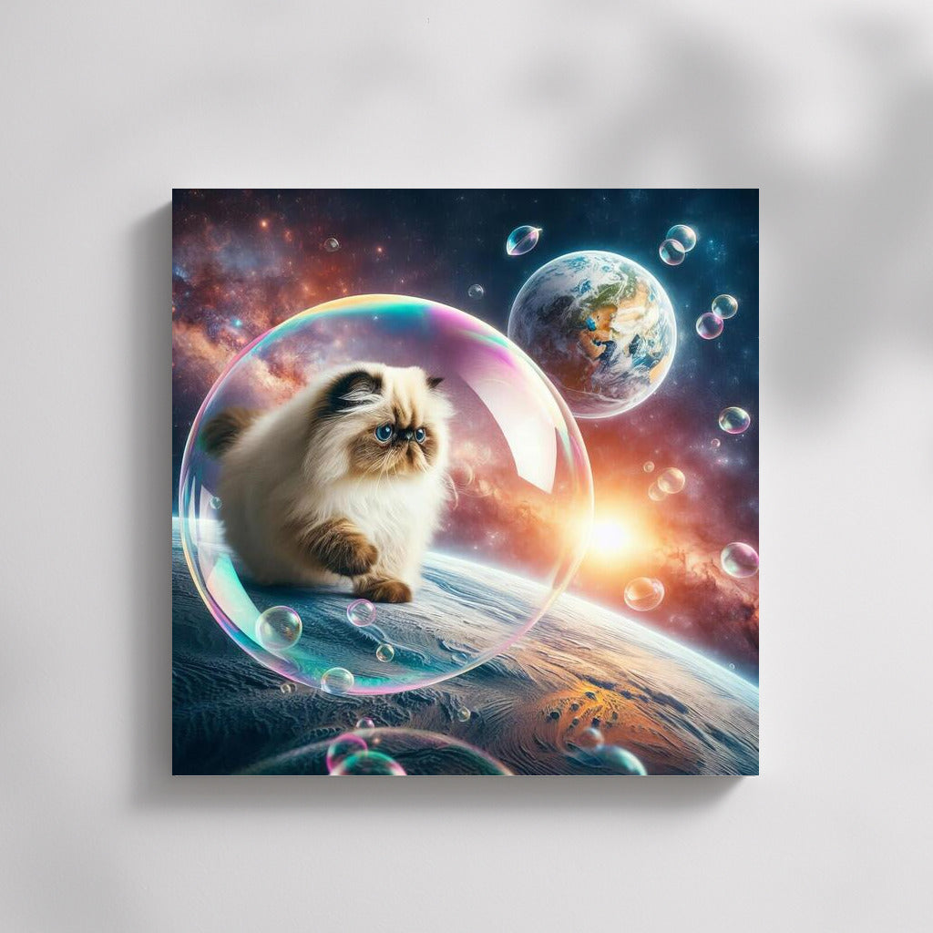 A Himalayan cat's space journey in a soap bubble among the stars