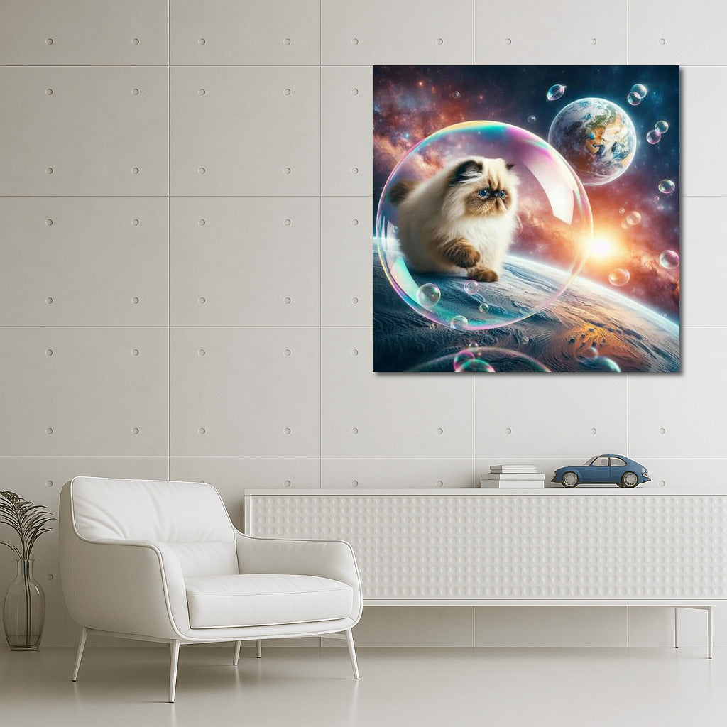 A Himalayan cat's space journey in a soap bubble among the stars