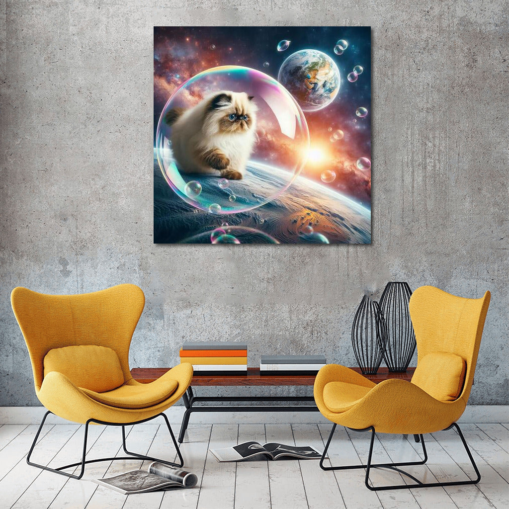 A Himalayan cat's space journey in a soap bubble among the stars