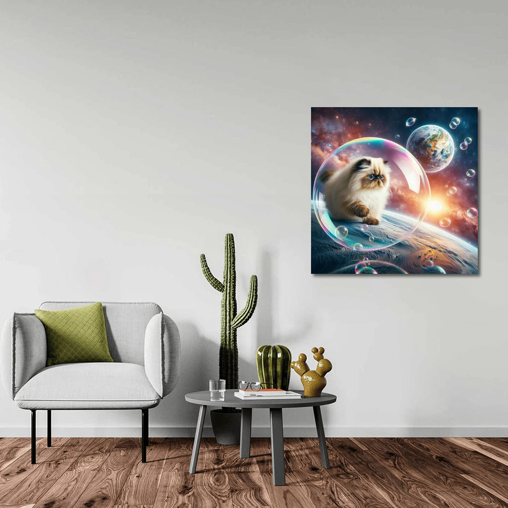 A Himalayan cat's space journey in a soap bubble among the stars
