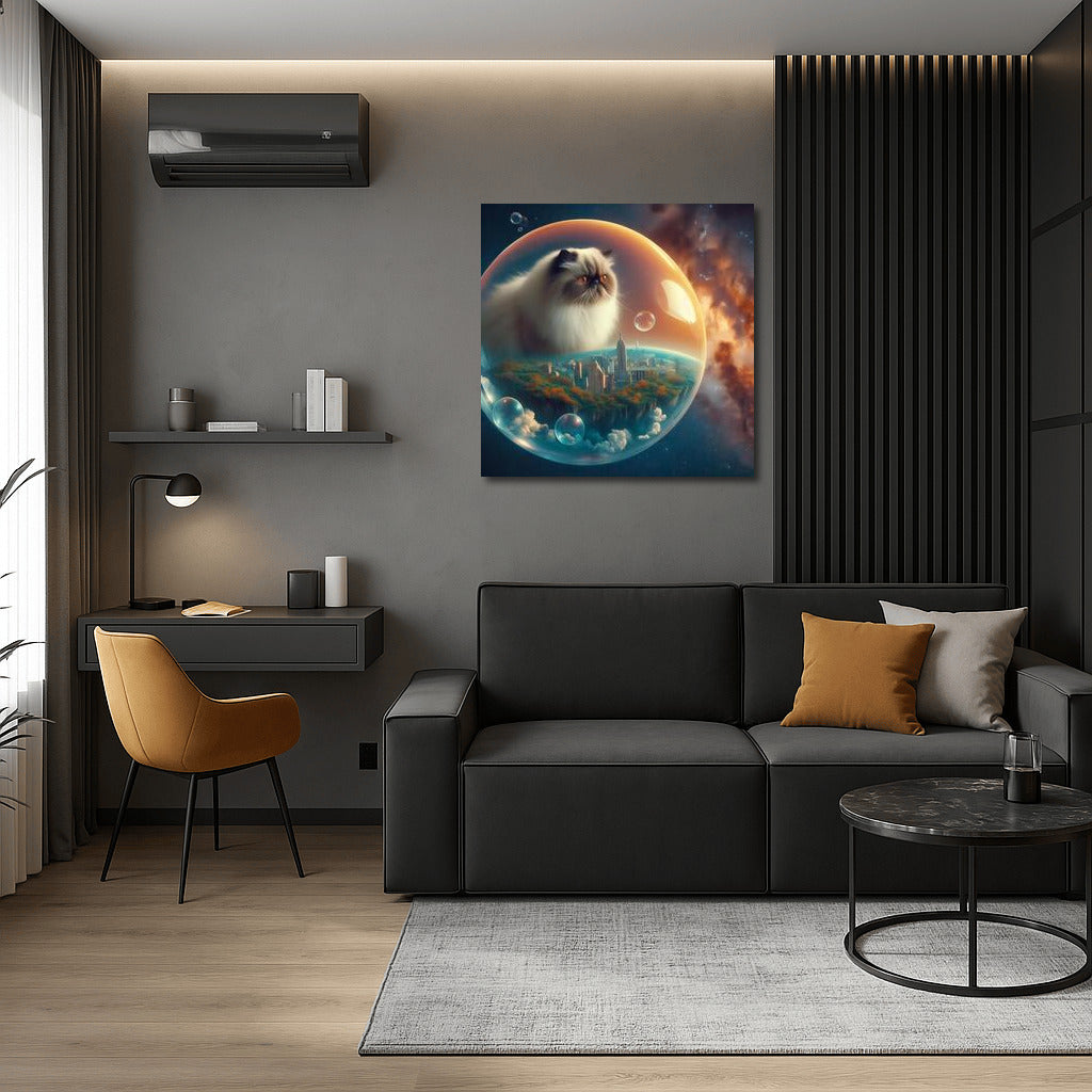 Himalayan cat's space journey in a soap bubble