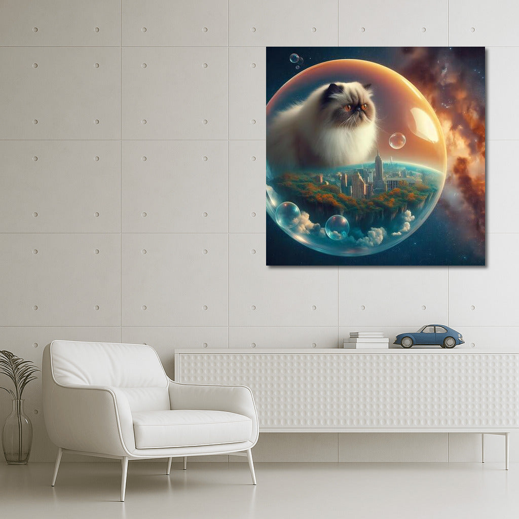 Himalayan cat's space journey in a soap bubble