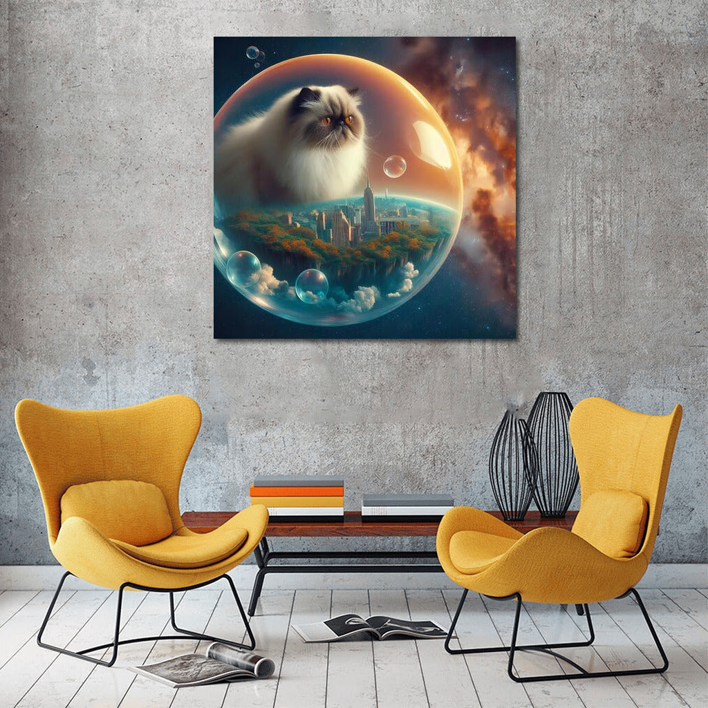 Himalayan cat's space journey in a soap bubble