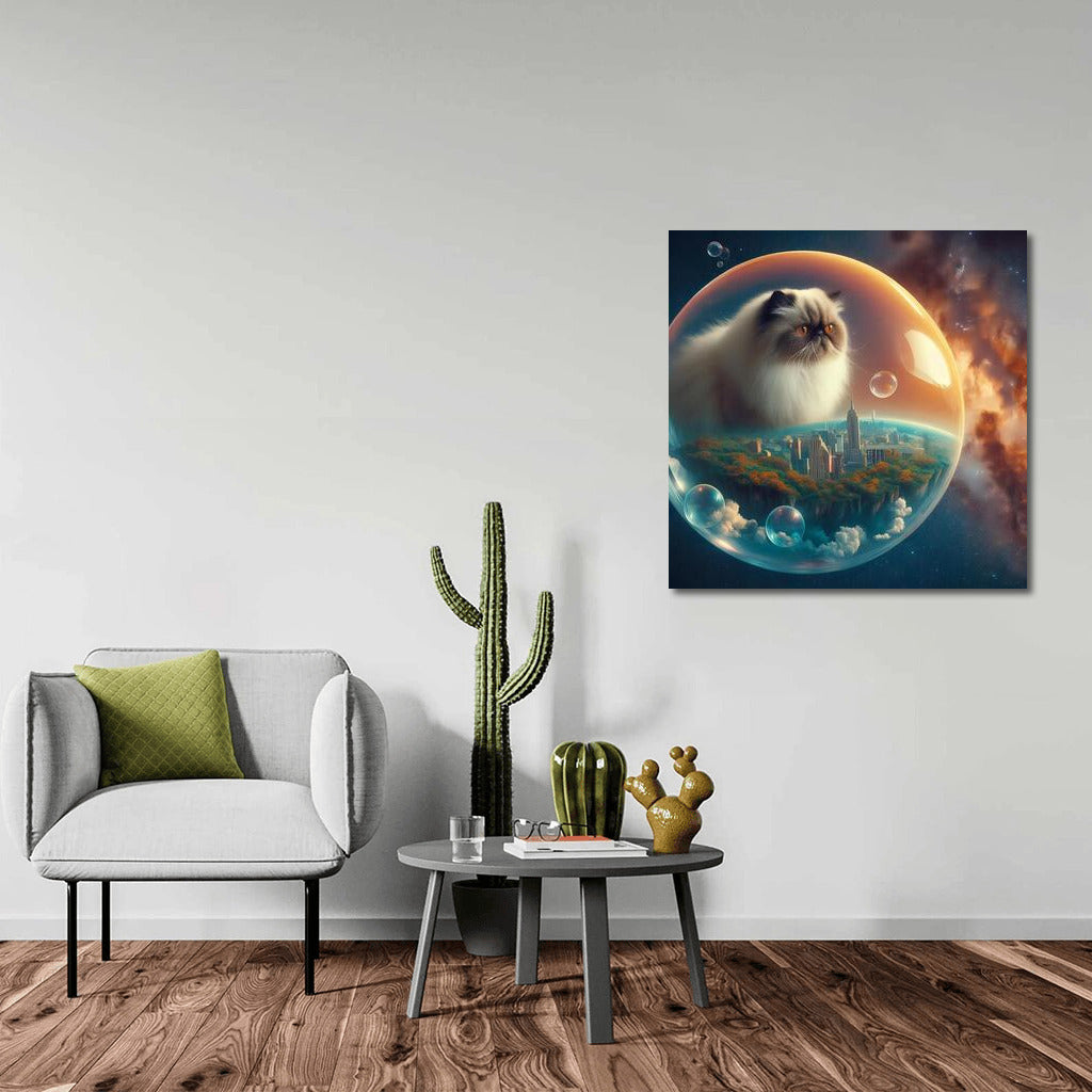 Himalayan cat's space journey in a soap bubble