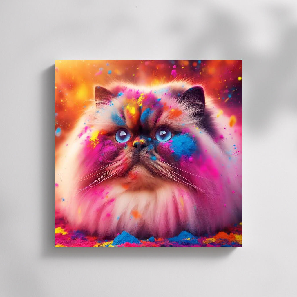 Himalayan cat in a whirlwind of Holi colors