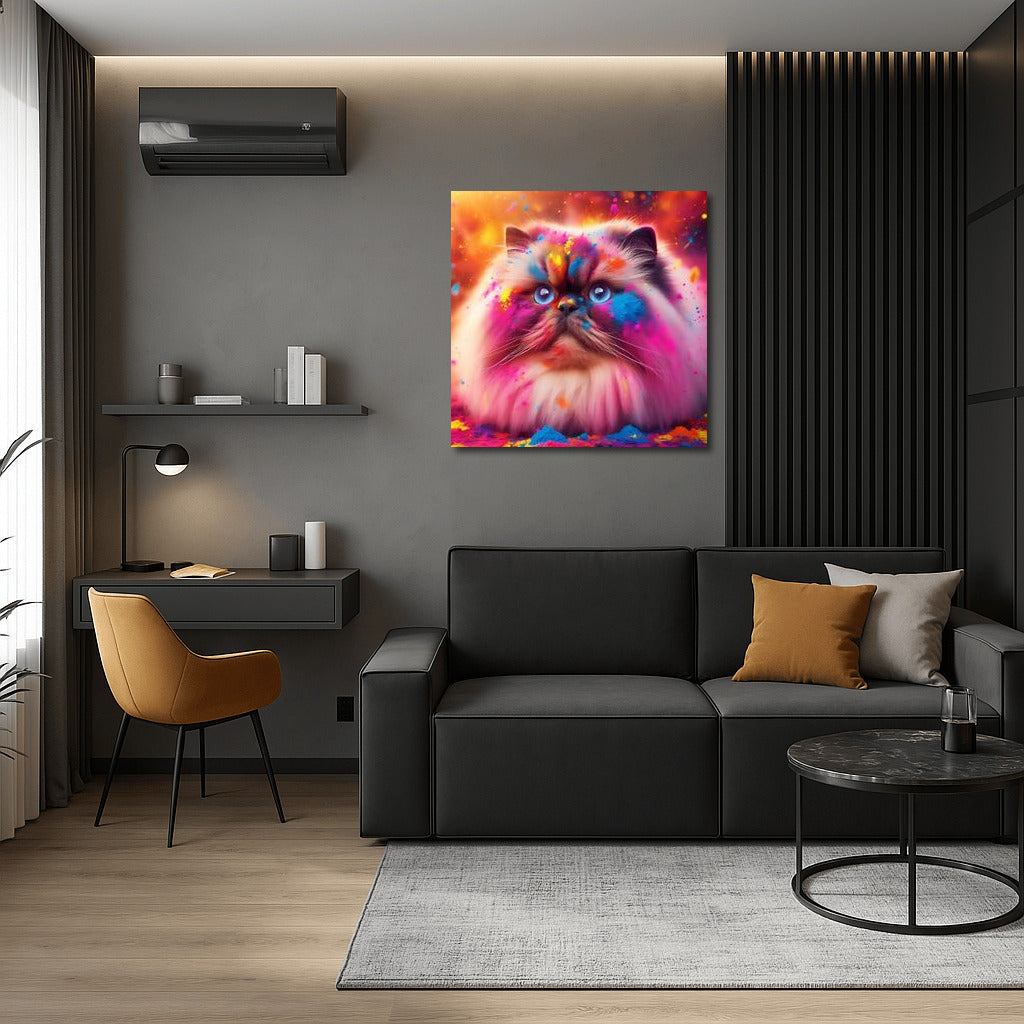 Himalayan cat in a whirlwind of Holi colors