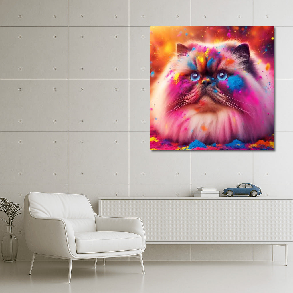 Himalayan cat in a whirlwind of Holi colors