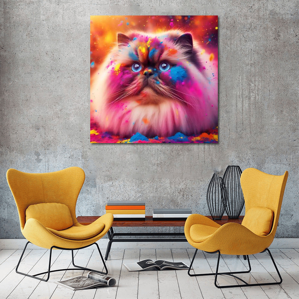 Himalayan cat in a whirlwind of Holi colors