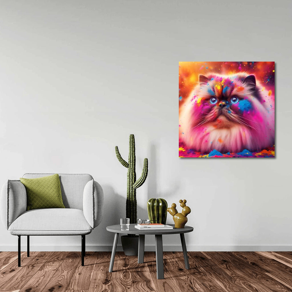 Himalayan cat in a whirlwind of Holi colors