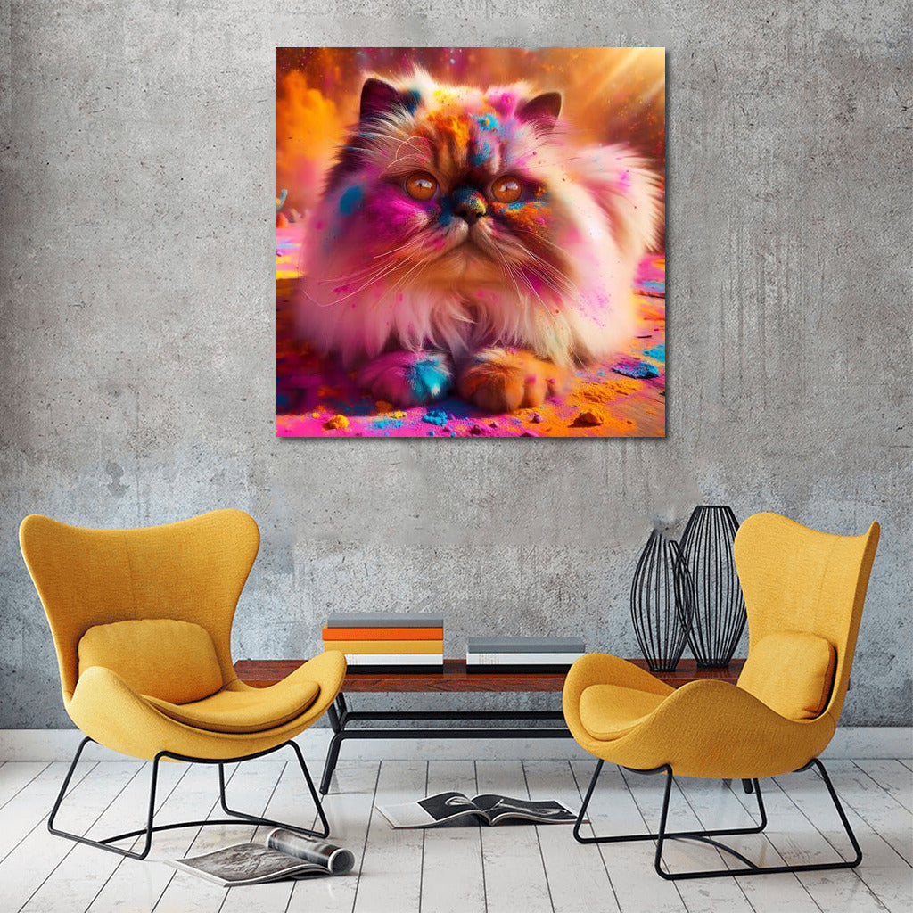 Fluffy Himalayan Cat in Holi's Vortex of Colors