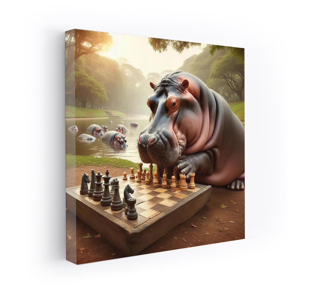 Chess Game with Hippopotamus in the Park: Unique Wall Art