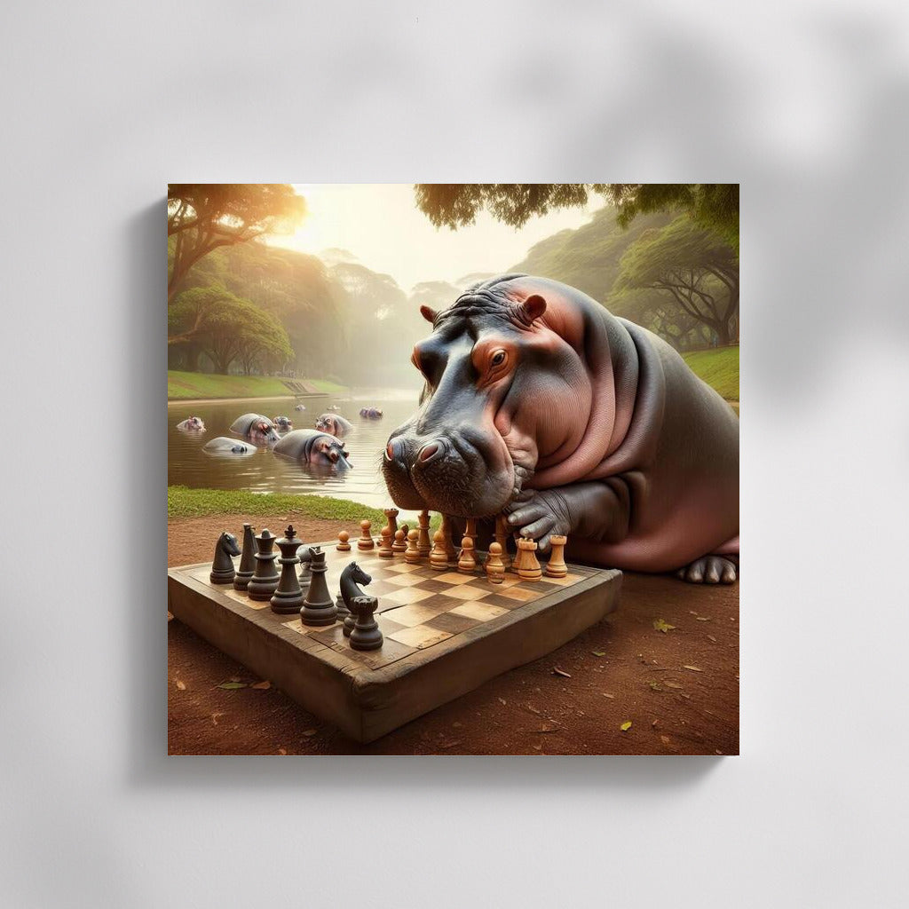 Chess Game with Hippopotamus in the Park: Unique Wall Art