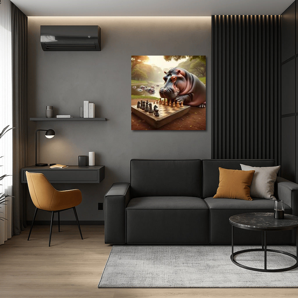 Chess Game with Hippopotamus in the Park: Unique Wall Art