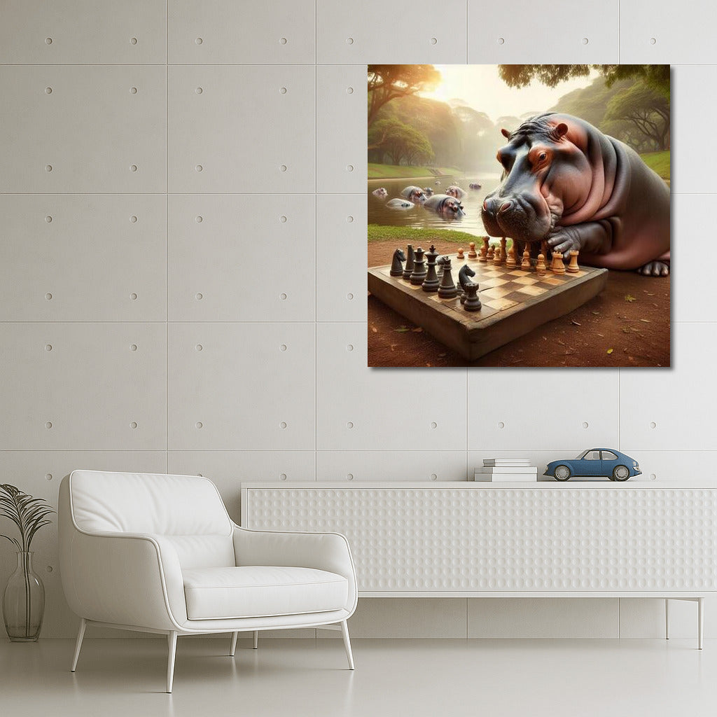 Chess Game with Hippopotamus in the Park: Unique Wall Art