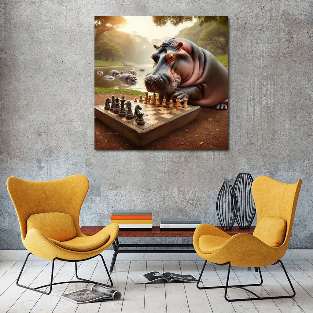Chess Game with Hippopotamus in the Park: Unique Wall Art