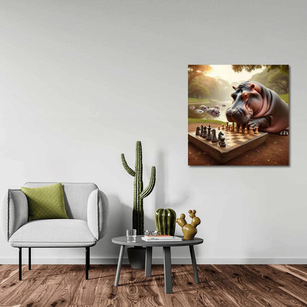 Chess Game with Hippopotamus in the Park: Unique Wall Art