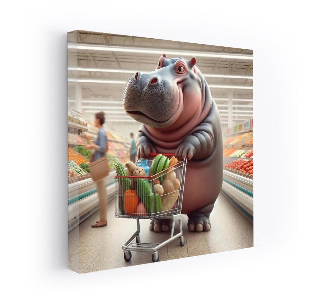 Hippo in the supermarket: Vegetable shopping with a smile