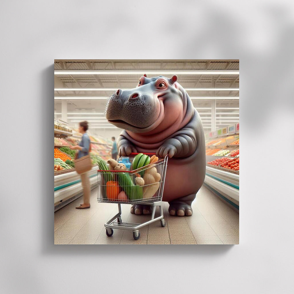 Hippo in the supermarket: Vegetable shopping with a smile
