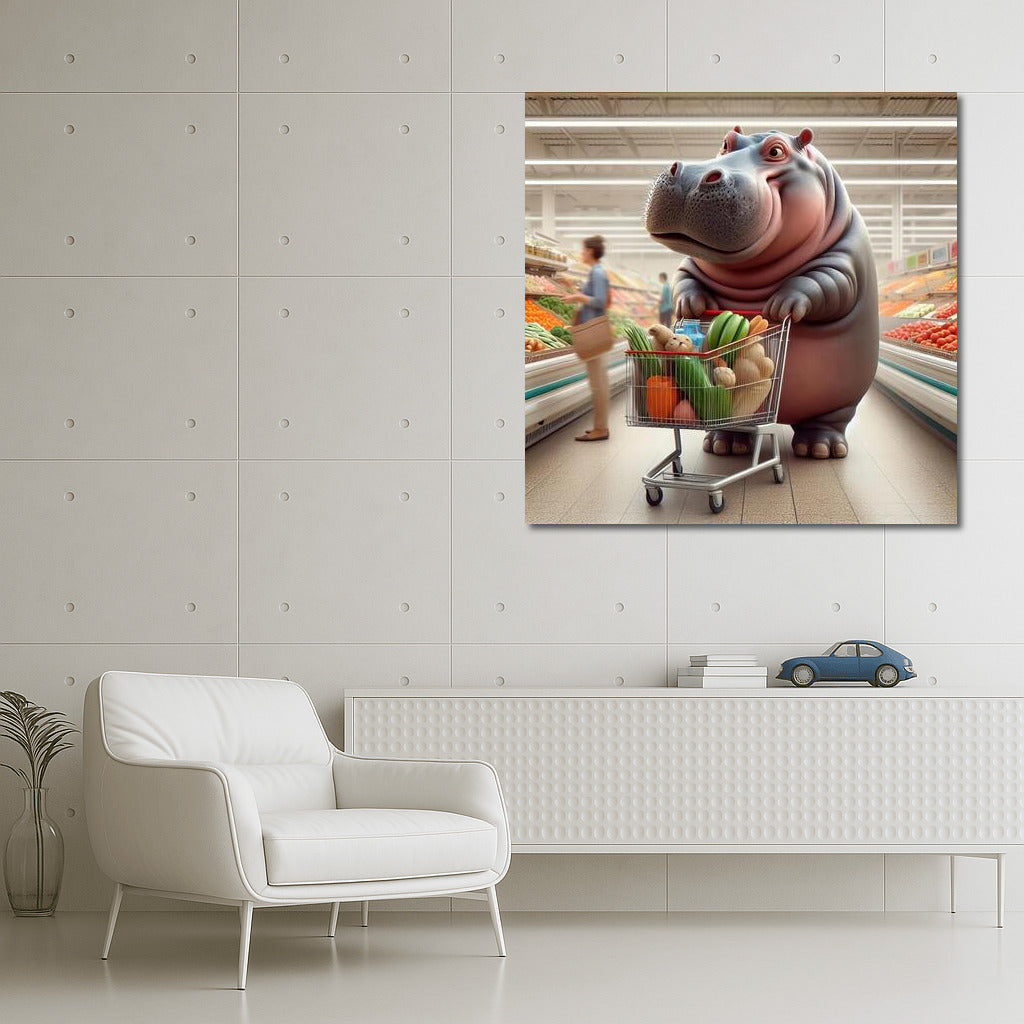 Hippo in the supermarket: Vegetable shopping with a smile