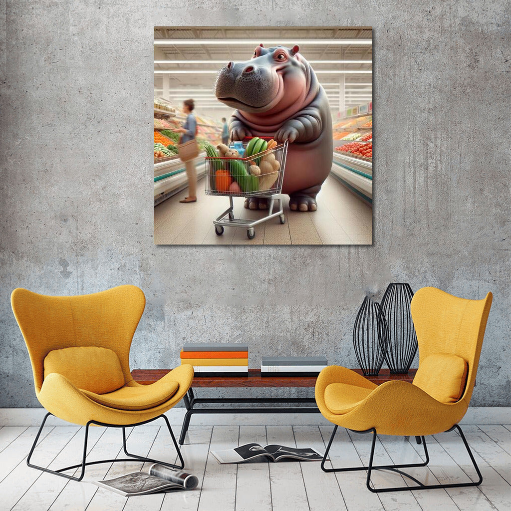 Hippo in the supermarket: Vegetable shopping with a smile