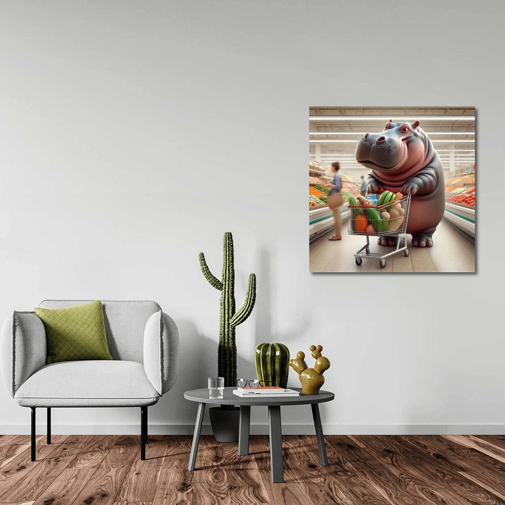 Hippo in the supermarket: Vegetable shopping with a smile