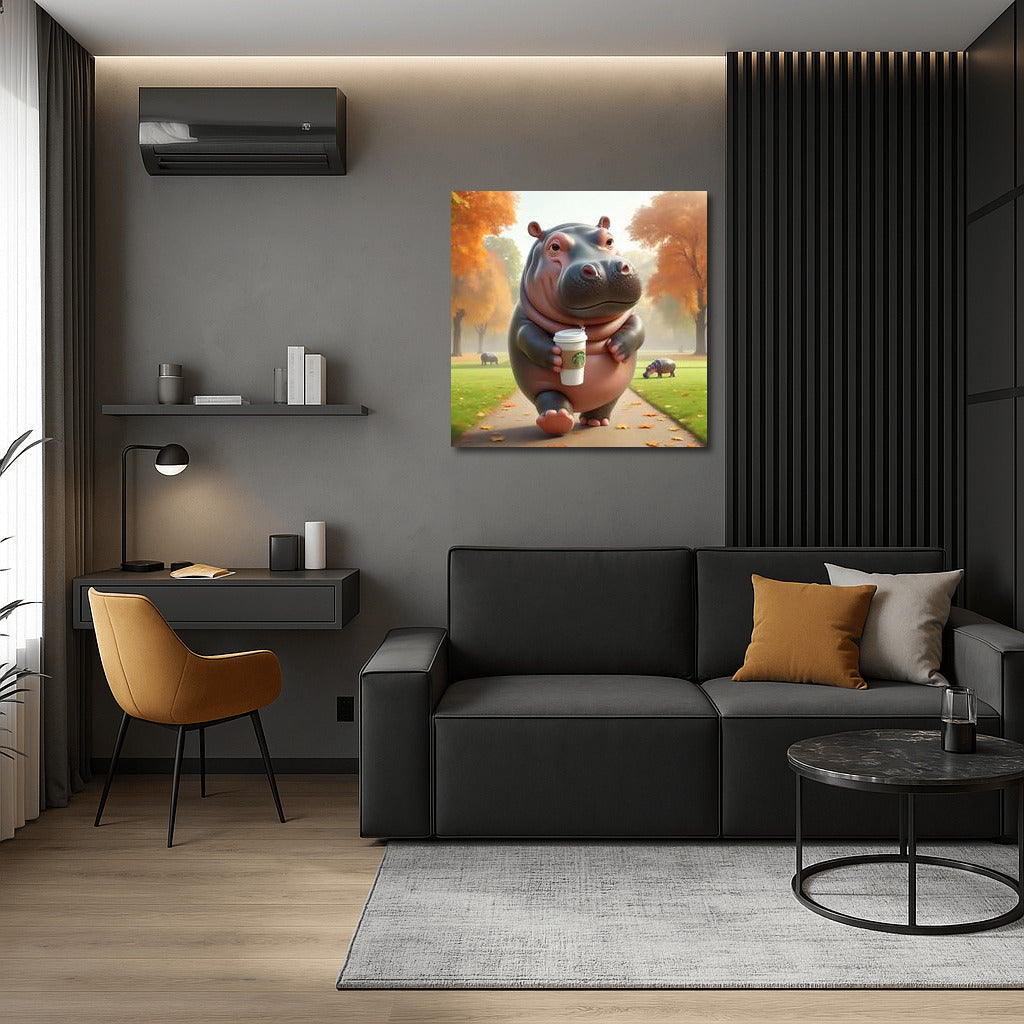 Hippopotamus with Coffee in the Park: Bright Accent for the Interior