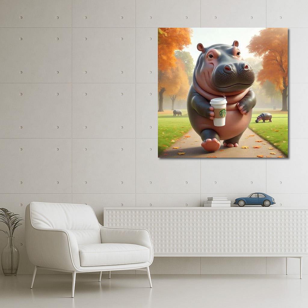 Hippopotamus with Coffee in the Park: Bright Accent for the Interior