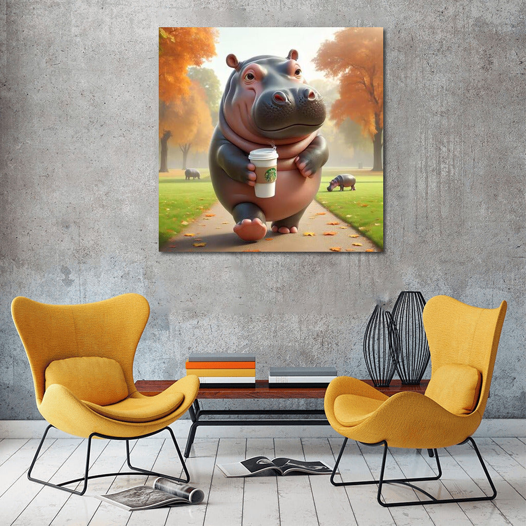 Hippopotamus with Coffee in the Park: Bright Accent for the Interior