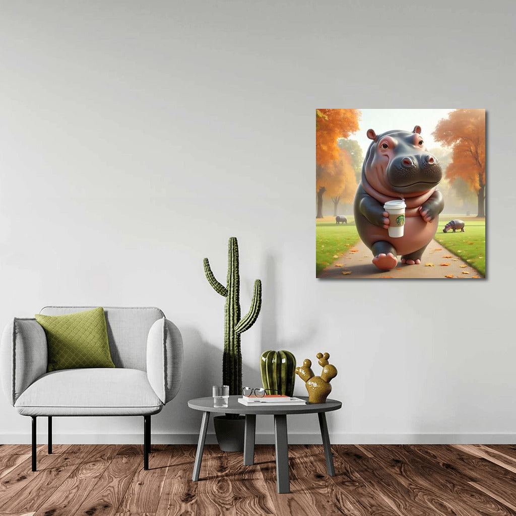 Hippopotamus with Coffee in the Park: Bright Accent for the Interior