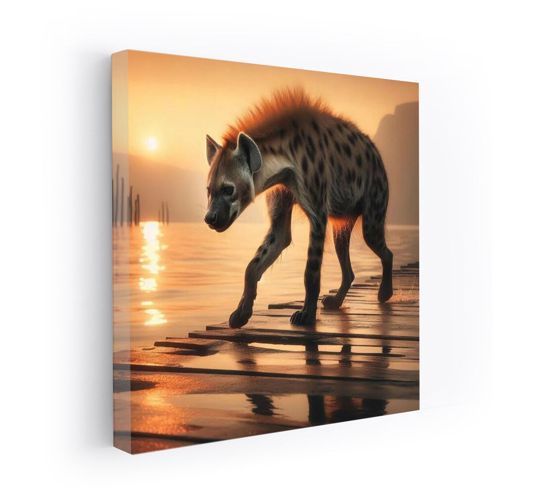 Graceful Hyena at Sunset: Nature Scene on Wooden Board