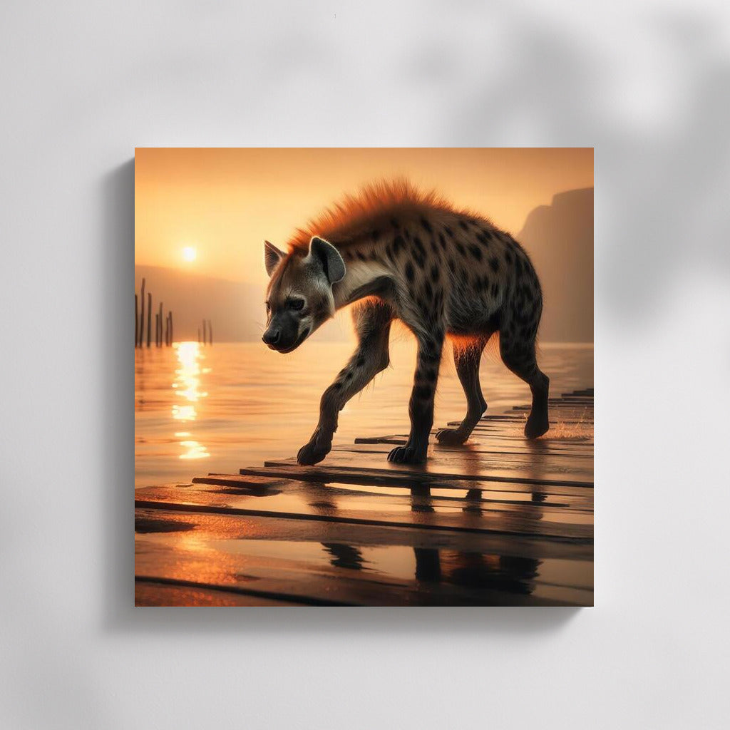 Graceful Hyena at Sunset: Nature Scene on Wooden Board