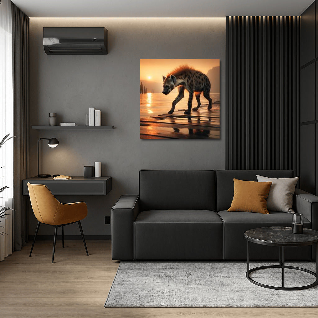 Graceful Hyena at Sunset: Nature Scene on Wooden Board