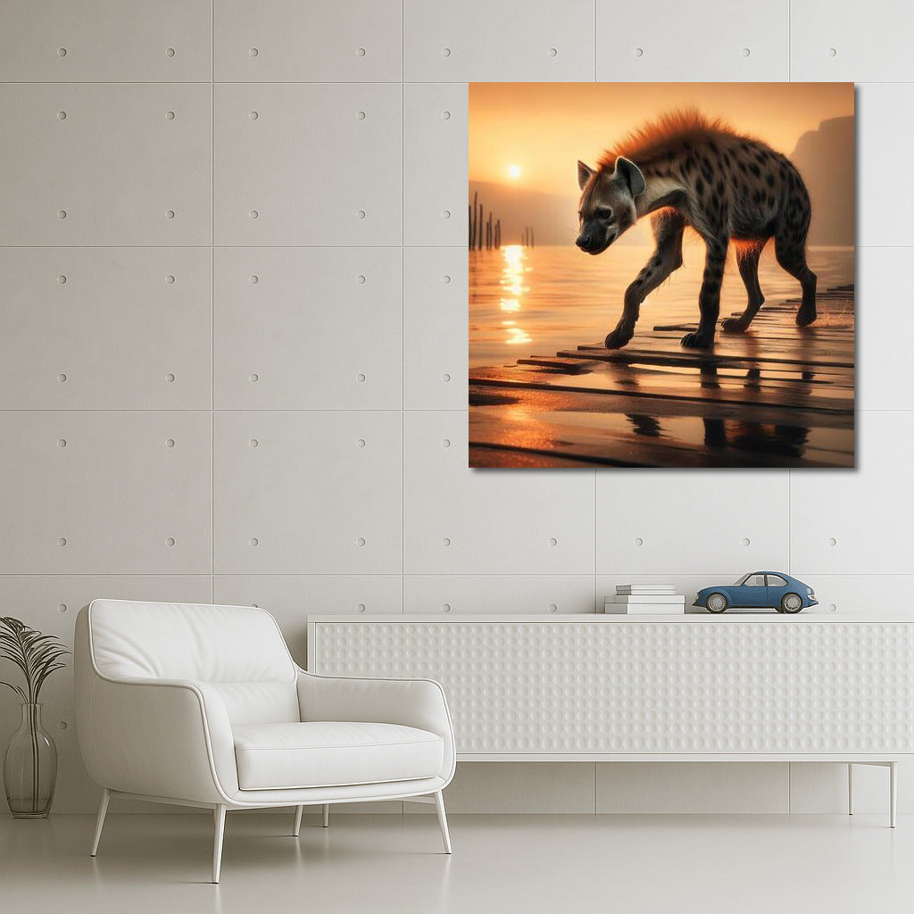Graceful Hyena at Sunset: Nature Scene on Wooden Board