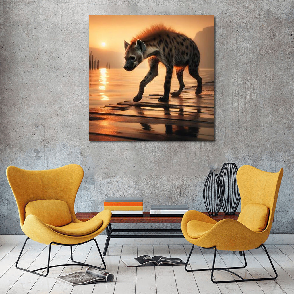 Graceful Hyena at Sunset: Nature Scene on Wooden Board
