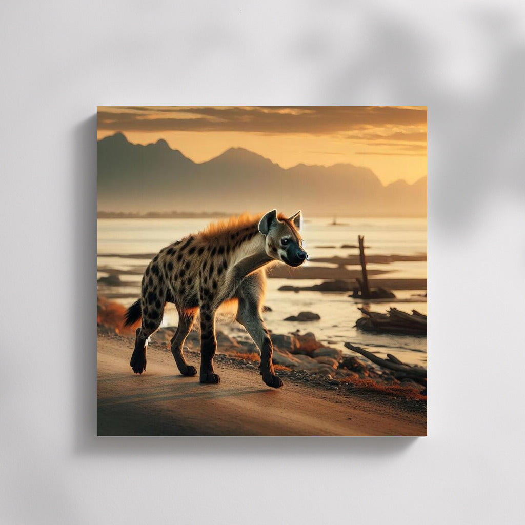 Graceful Hyena Against Sunset Mountains: Safari Dynamics on the Wall